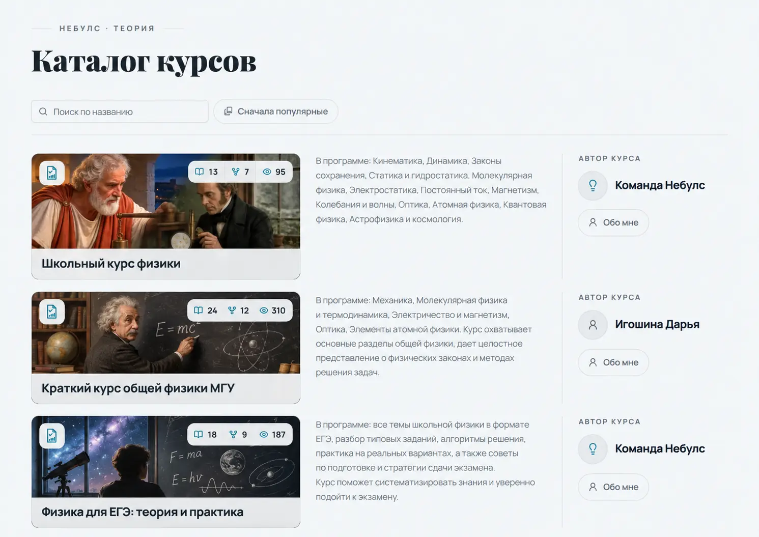 Открытая страница курса «Школьный курс физики» с темами, баннерами и карточкой автора