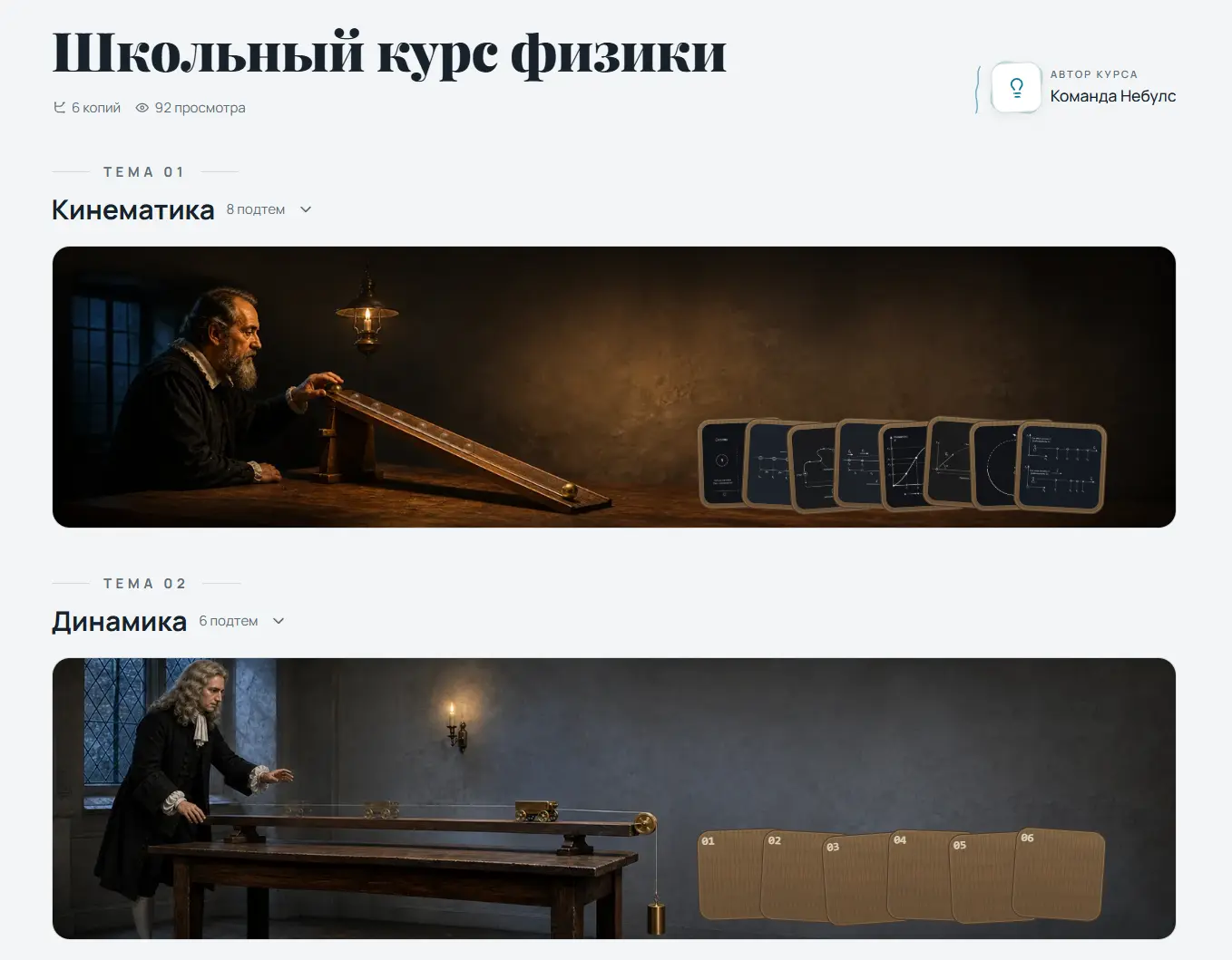Каталог курсов Небулс: карточки курсов с программой, статистикой и авторами