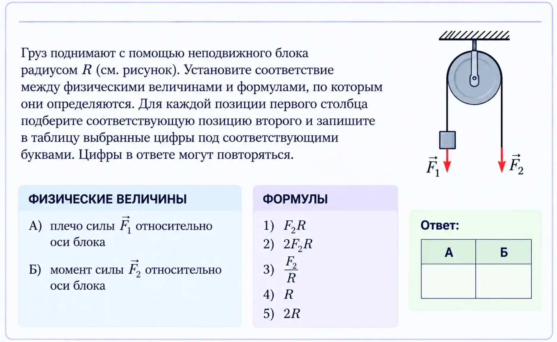 Задача по физике про неподвижный блок с формулами и таблицей ответа